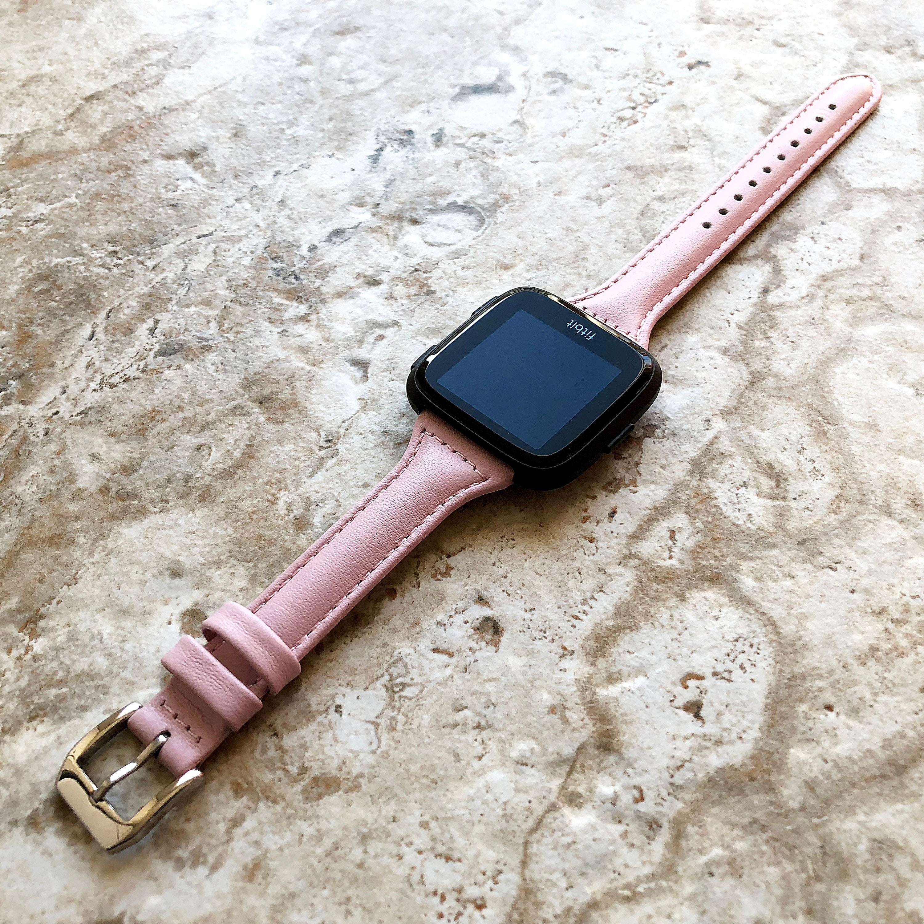 Fitbit Versa Lite 2 3 4 Sense 2 Band Pink Slim Elegant Leather Strap with Stitching Details and Quick Release Pins Adapters Silver Rose Gold